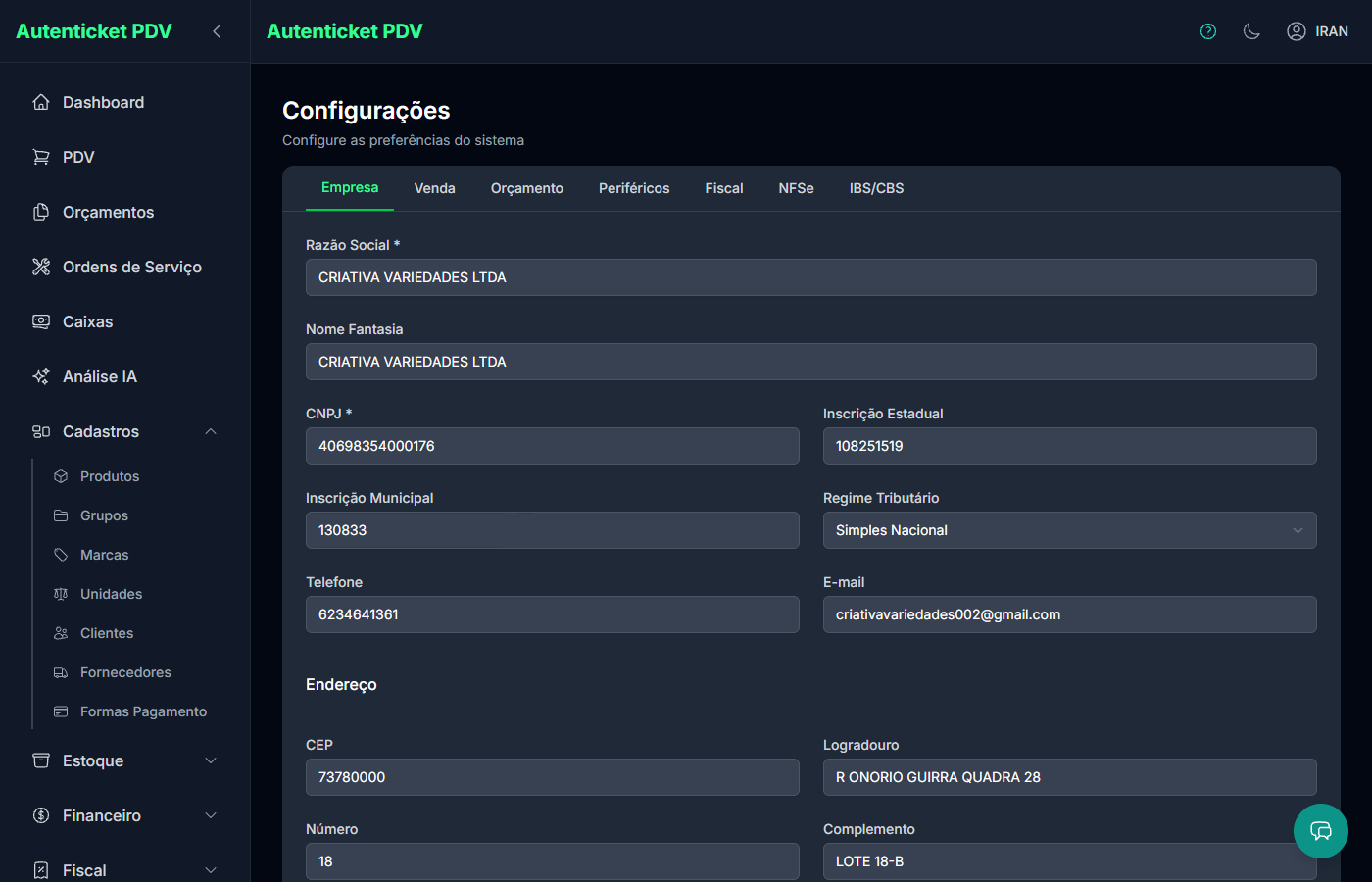 Tela de Configurações