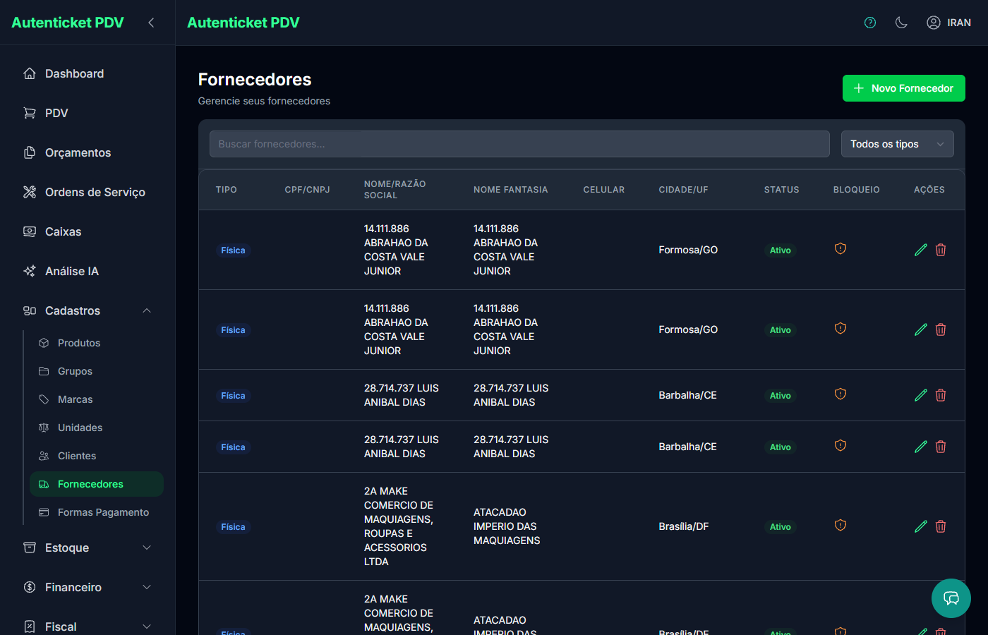 Tela de Fornecedores